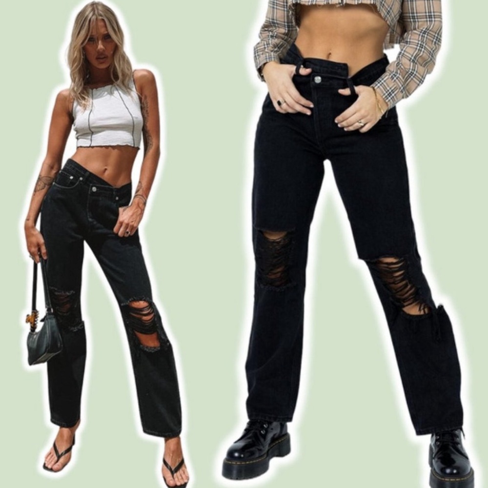 Princess Polly Holly Asymmetric Ripped Leg Jeans Black Sz 8